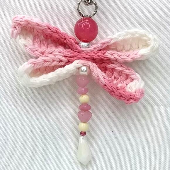 Handmade Crochet Wings Dragonfly Keychain Pink Vintage Beaded Bag Charm Purse - Picture 1 of 10